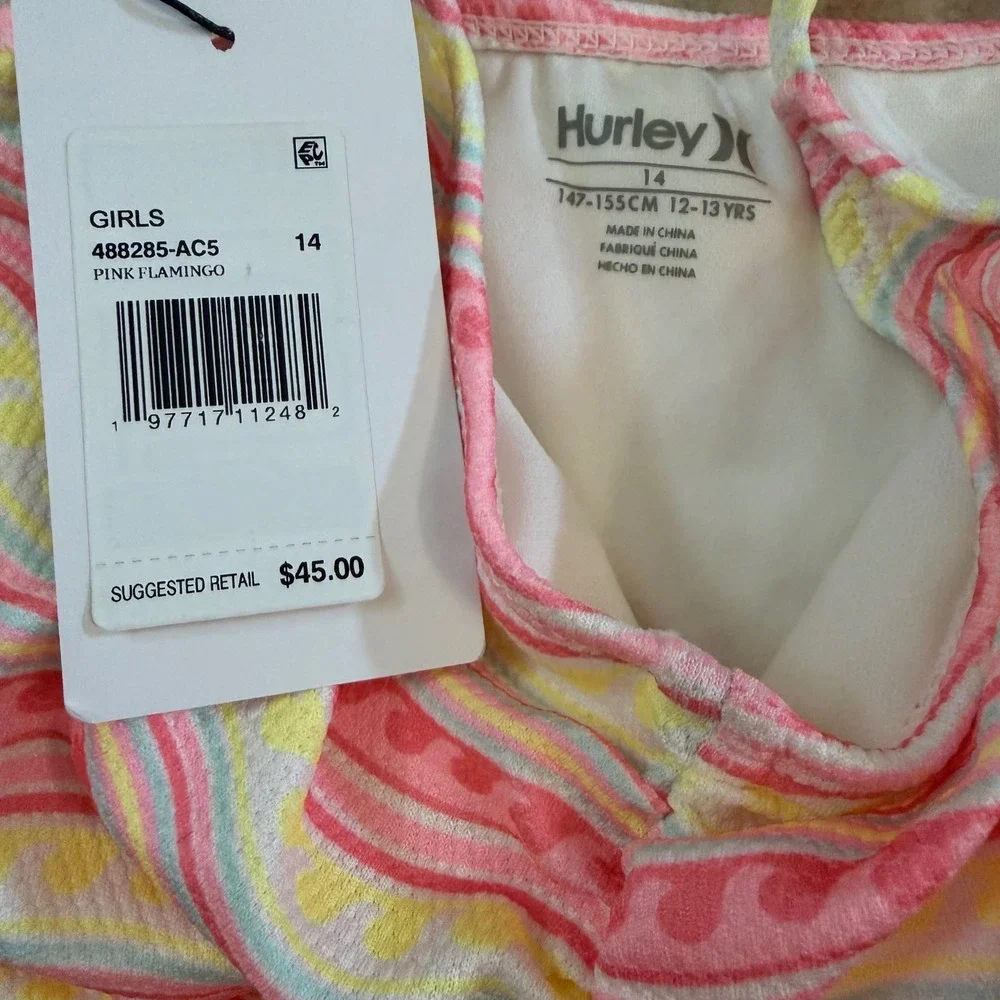 NWT Hurley Girls Pink Flamingo Wavy Stripe Cut Out One Piece Swimsuit Size 14